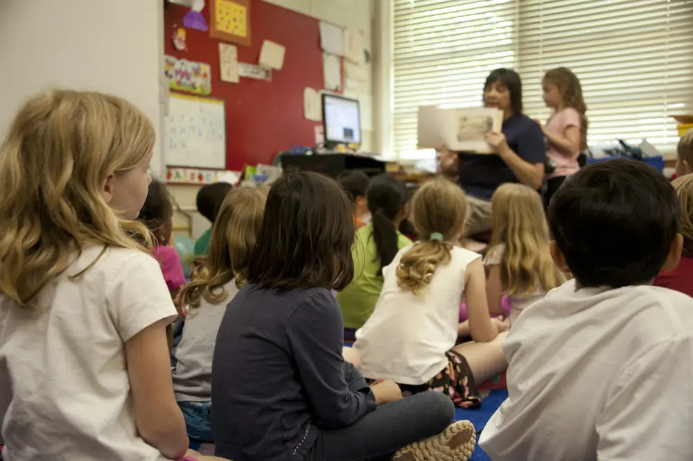 A teacher reading to a class of young students